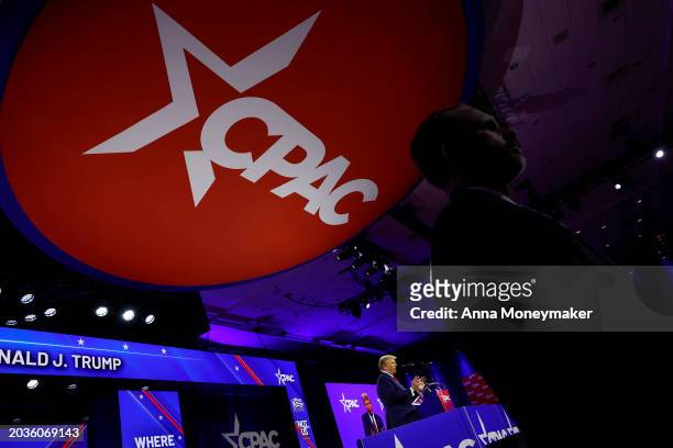 Republican presidential candidate and former U.S. President Donald Trump speaks at the Conservative Political Action Conference at the Gaylord...
