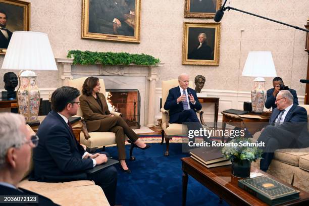 President Joe Biden and Vice President Kamala Harris meet with Senate Minority Leader Mitch McConnell , House Speaker Mike Johnson , Senate Majority...