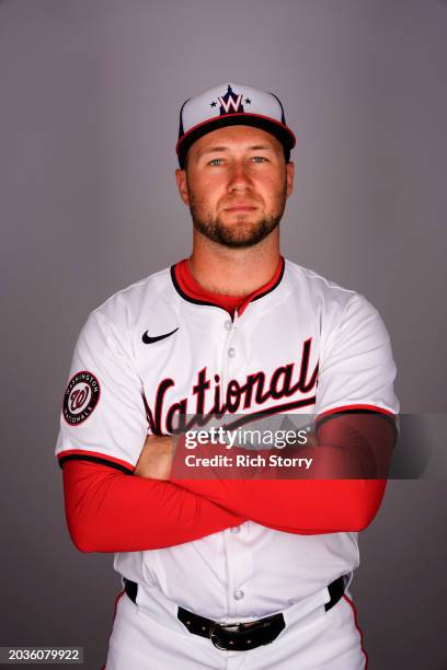 Carter Kieboom of the Washington Nationals poses for a portrait during photo day at The Ballpark of the Palm Beaches on February 24, 2024 in West...