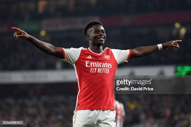 Bukayo Saka of Arsenal celebrates scoring his team's third goal during the Premier League match between Arsenal FC and Newcastle United at Emirates...