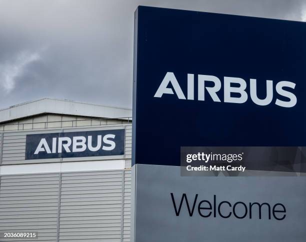 The Airbus logo is displayed outside the aircraft manufacturer on February 25, 2024 in Bristol, England. Recently, Airbus became the world's largest...