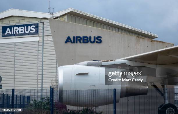 The Airbus logo is displayed outside the aircraft manufacturer on February 25, 2024 in Bristol, England. Recently, Airbus became the world's largest...