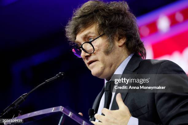 President of Argentina Javier Milei speaks at the Conservative Political Action Conference at the Gaylord National Resort Hotel And Convention Center...