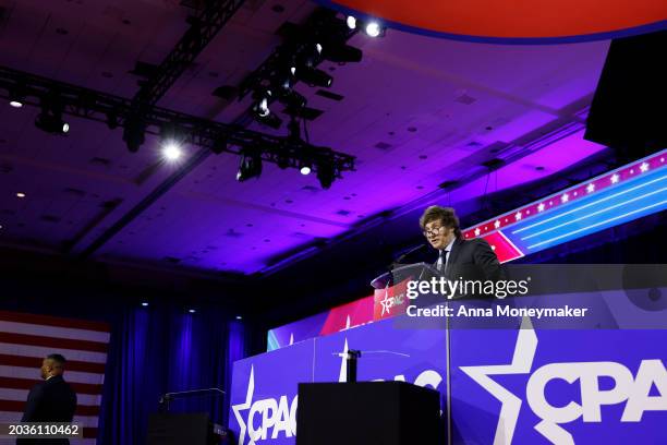 President of Argentina Javier Milei speaks at the Conservative Political Action Conference at the Gaylord National Resort Hotel And Convention Center...