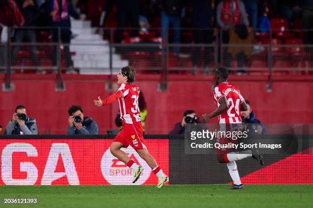 Luka Romero Right Winger of UD Almeria celebrates after scoring his team's second goal during the LaLiga EA Sports match between UD Almeria and...