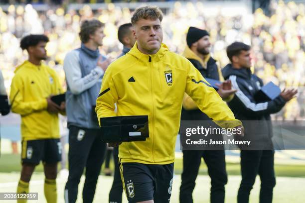 Aidan Morris of the Columbus Crew walks off the pitch with his championship ring before the game against the Atlanta United at Lower.com Field on...