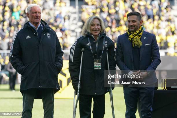 Columbus Crew Investor-Operator Jimmy and Dee Haslam and Columbus Crew President & General Manager Tim Bezbatchenko before the game against the...