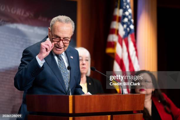 Senate Majority Leader Chuck Schumer, D-N.Y., with Sen. Patty Murray, D-Wash., and Sen. Tammy Duckworth, D-Ill., speaks during Senate Democrats' news...