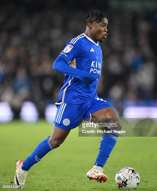 Abdul Fatawu of Leicester in action during the Sky Bet Championship match between Leeds United and Leicester City at Elland Road on February 23, 2024...