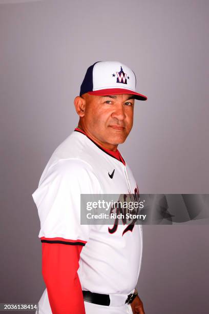 Washington Nationals bench coach Miguel Cairo poses for a portrait during photo day at The Ballpark of the Palm Beaches on February 24, 2024 in West...