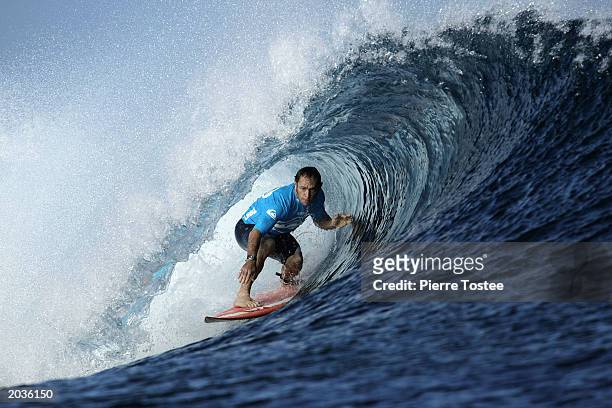 Tom Carroll of Australia in action during the Quiksilver Pro on May 26, 2003 at Cloudbreak Reef, Tavarua, Fiji. Carroll withdrew from the Quiksilver...