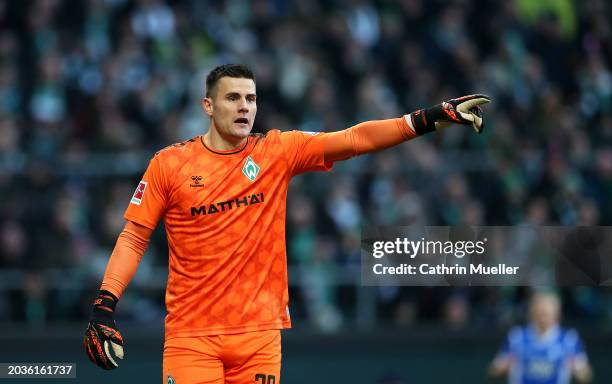 Michael Zetterer, Goalkeeper of Werder Bremen gestures during the Bundesliga match between SV Werder Bremen and SV Darmstadt 98 at Wohninvest...