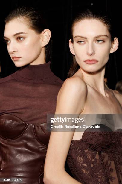 Ratner and model pose backstage ahead of the Ermanno Scervino fashion show during the Milan Fashion Week Womenswear Fall/Winter 2024-2025 on February...