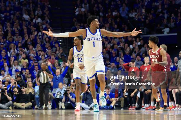 Justin Edwards of the Kentucky Wildcats reacts after three pointer during the first half in the game against the Alabama Crimson Tide at Rupp Arena...