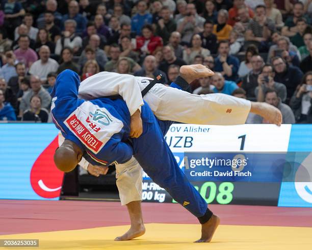 Triple Olympic champion and eleven times World champion, Teddy Riner of France throws World and European medalist, Alisher Yusopov of Uzbekistan for...