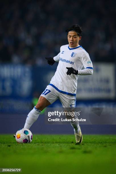 Tatsuya Ito of Magdeburg runs with the ball during the Second Bundesliga match between 1. FC Magdeburg and FC Schalke 04 at MDCC Arena on February...