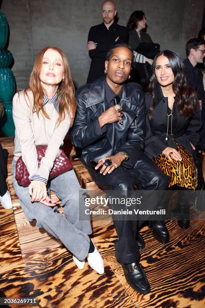 Julianne Moore, A$AP Rocky and Salma Hayek attend the Bottega Veneta fashion show during the Milan Fashion Week Womenswear Fall/Winter 2024-2025 on...