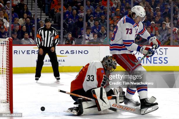 Matt Rempe of the New York Rangers scores past Samuel Ersson of the Philadelphia Flyers during the third period at the Wells Fargo Center on February...