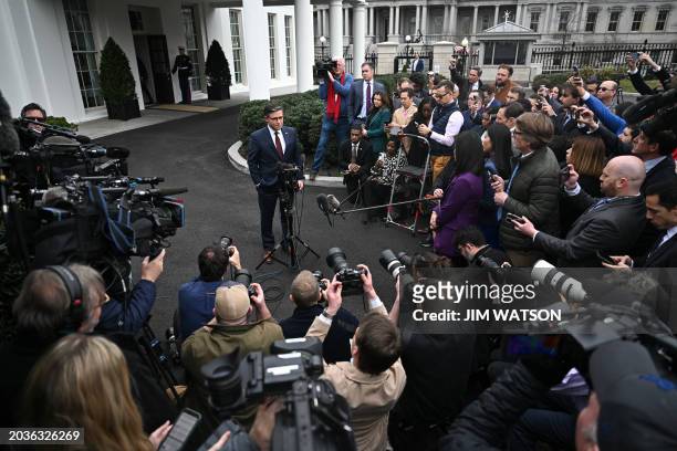 Speaker of the House Mike Johnson speaks to reporters after a meeting with US President Joe Biden and Congressional leadership at the White House in...