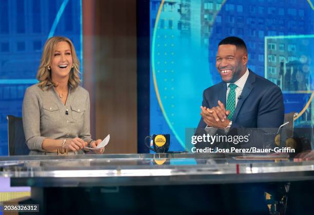 Lara Spencer and Michael Strahan are seen at 'Good Morning America' on February 27, 2024 in New York City.