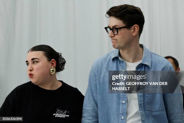 French Belgium designers Ester Manas and Balthazar Delepierre acknowledge the audience after presenting creations by Ester Manas for the Women...