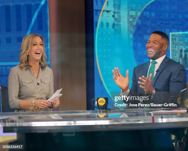 Lara Spencer and Michael Strahan are seen at 'Good Morning America' on February 27, 2024 in New York City.