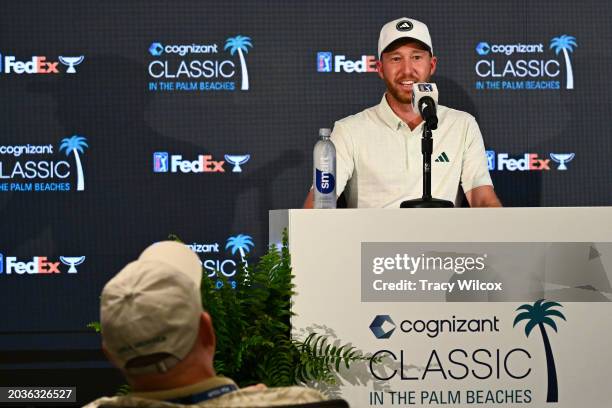 Daniel Berger addresses the media prior to Cognizant Classic in The Palm Beaches at PGA National Resort the Champions Course on February 27, 2024 in...