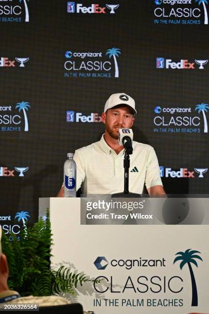 Daniel Berger addresses the media prior to Cognizant Classic in The Palm Beaches at PGA National Resort the Champions Course on February 27, 2024 in...