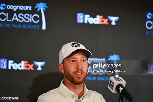 Daniel Berger addresses the media prior to Cognizant Classic in The Palm Beaches at PGA National Resort the Champions Course on February 27, 2024 in...