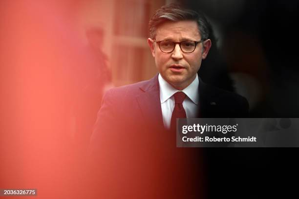 House Speaker Mike Johnson speaks to the press after meeting with U.S. President Joe Biden, Vice President Kamala Harris, Senate Minority Leader...