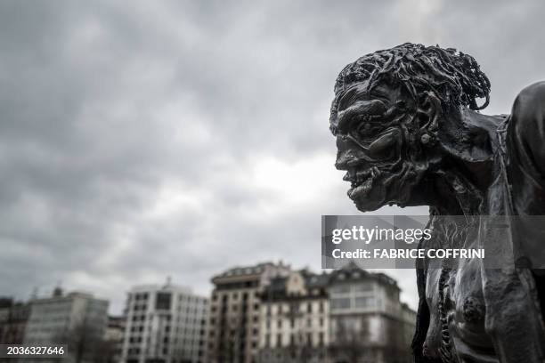 This photograph taken on February 27, 2024 shows a statue of Frankenstein's monster by the Geneva artist group KLAT (Jerome Massard, Florian Saini,...