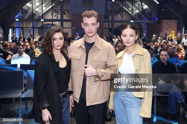 Harriet Herbig-Matten, David Schütter and Lena Meckel attend the annual press conference of Prime Video at the WECC on February 27, 2024 in Berlin,...