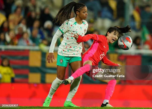 Kang Chae-rim of South Korea with Jessica Silva of Portugal in action during the International Women's Friendly match between Portugal and South...