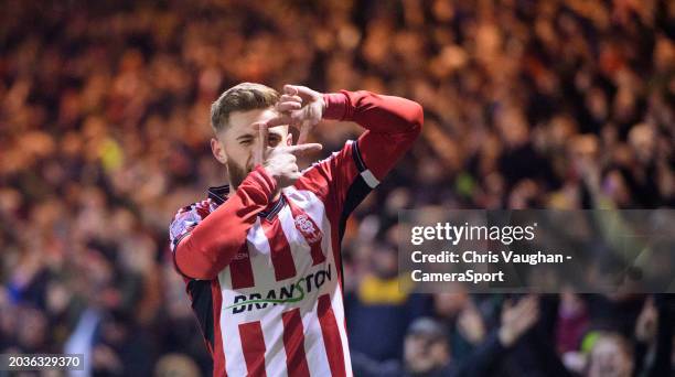 Lincoln City's Ted Bishop celebrates scoring the opening goal during the Sky Bet League One match between Lincoln City and Shrewsbury Town at LNER...