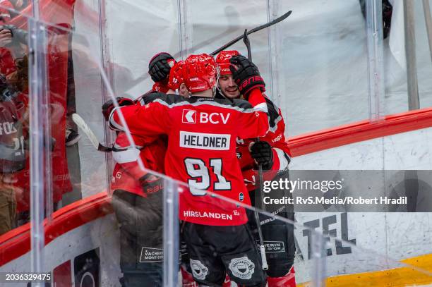 Jiri Sekac of Lausanne HC celebrates his goal with teammates during the Swiss National League match between Lausanne HC and Geneve-Servette HC at...