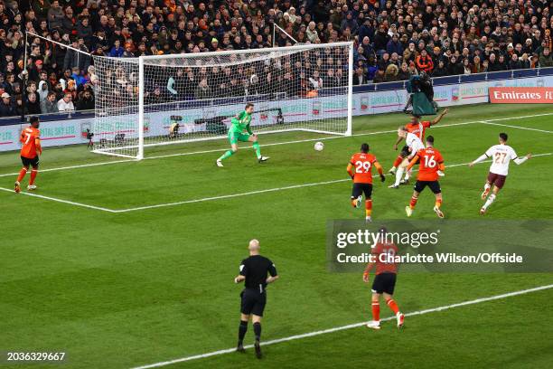 Erling Haaland of Manchester City scores their first goal past Luton Town goalkeeper Tim Krul during the Emirates FA Cup Fifth Round match between...