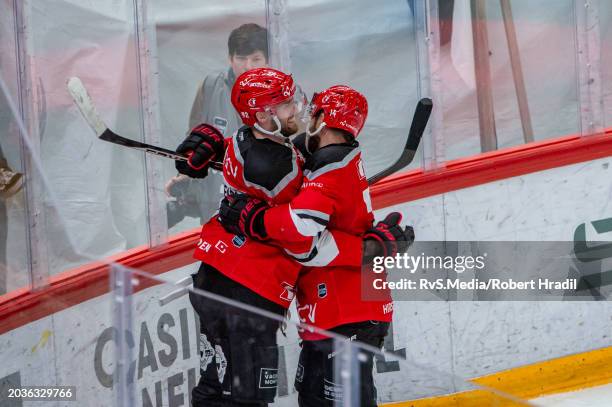 Jiri Sekac of Lausanne HC celebrates his goal with teammates during the Swiss National League match between Lausanne HC and Geneve-Servette HC at...