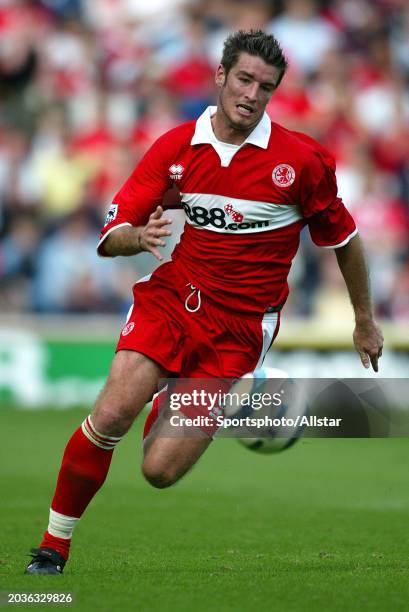 Franck Queudrue of Middlesbrough on the ball during the Premier League match between Middlesbrough and Chelsea at Riverside Stadium on September 25,...