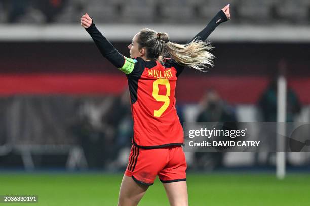 Belgium's forward Tessa Wullaert celebrates after scoring Belgium's third goal and her hatrick during the UEFA Women's Nations League football match...