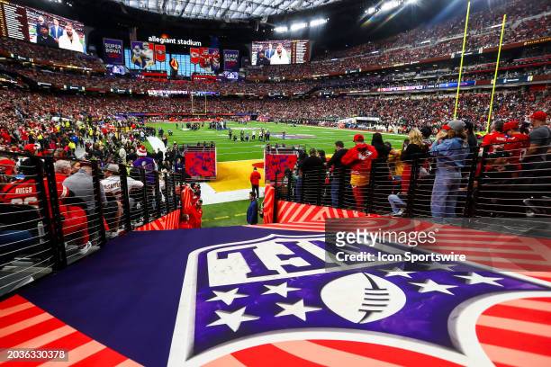 The NFL logo on display prior to Super Bowl LVIII between the Kansas City Chiefs and the San Francisco 49ers on Sunday February 11, 2024 at Allegiant...