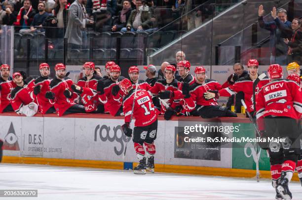 Jason Fuchs of Lausanne HC celebrates his goal with teammates during the Swiss National League match between Lausanne HC and Geneve-Servette HC at...