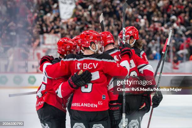 Jason Fuchs of Lausanne HC celebrates his goal with teammates during the Swiss National League match between Lausanne HC and Geneve-Servette HC at...