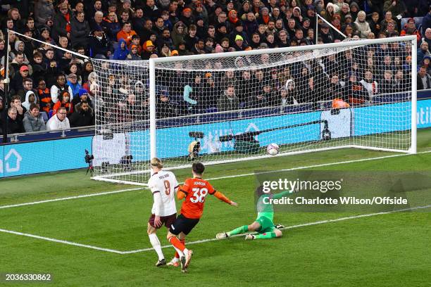 Erling Haaland of Manchester City scores their third goal past Luton Town goalkeeper Tim Krul during the Emirates FA Cup Fifth Round match between...