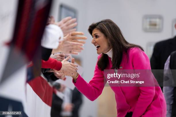 Republican presidential candidate, former U.N. Ambassador Nikki Haley greets attendees at a campaign event on February 27, 2024 in Centennial,...