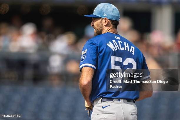 Michael Wacha of the Kansas City Royals pitches in the first inning during a Spring Training game against the San Diego Padres at the Peoria Stadium...