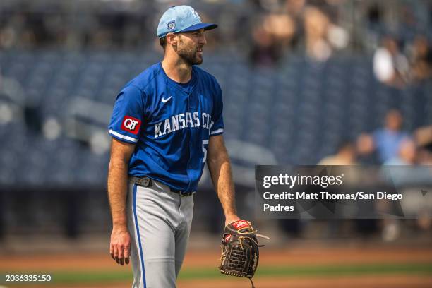 Michael Wacha of the Kansas City Royals pitches in the first inning during a Spring Training game against the San Diego Padres at the Peoria Stadium...