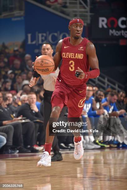Caris LeVert of the Cleveland Cavaliers dribbles the ball during the game against the Dallas Mavericks on February 27, 2024 at Rocket Mortgage...