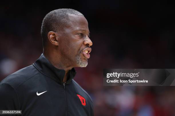 Dayton Flyers head coach Anthony Grant talks to his players during the game against the Davidson Wildcats and the Dayton Flyers on February 27 at UD...