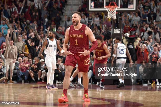 Max Strus of the Cleveland Cavaliers celebrates during the game against the Dallas Mavericks on February 27, 2024 at Rocket Mortgage FieldHouse in...