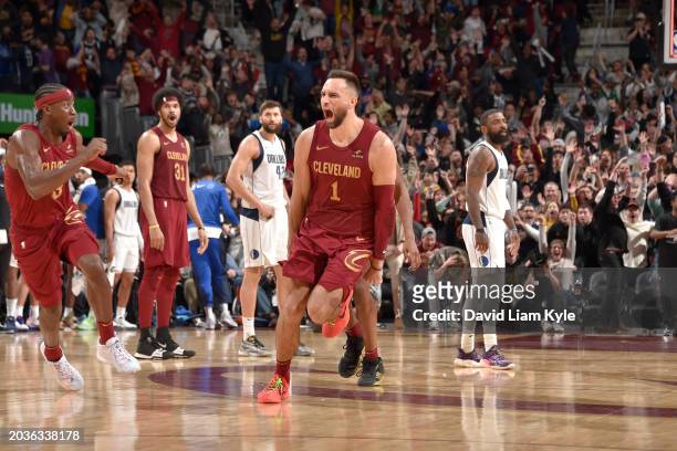 Max Strus of the Cleveland Cavaliers celebrates after making the game winning shot against the Dallas Mavericks on February 27, 2024 at Rocket...